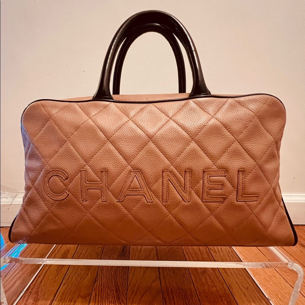 Chanel Logo Bowler Bag Quilted Caviar Large